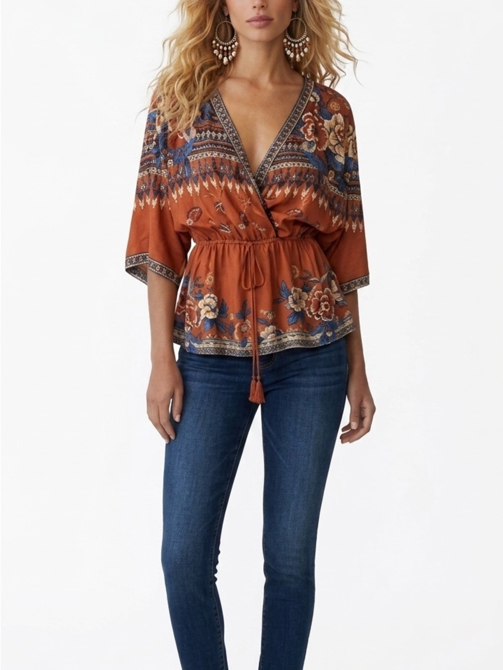 Forever21 Women’s Rust Floral V-Neck Peplum Top Small Boho Cottagecore